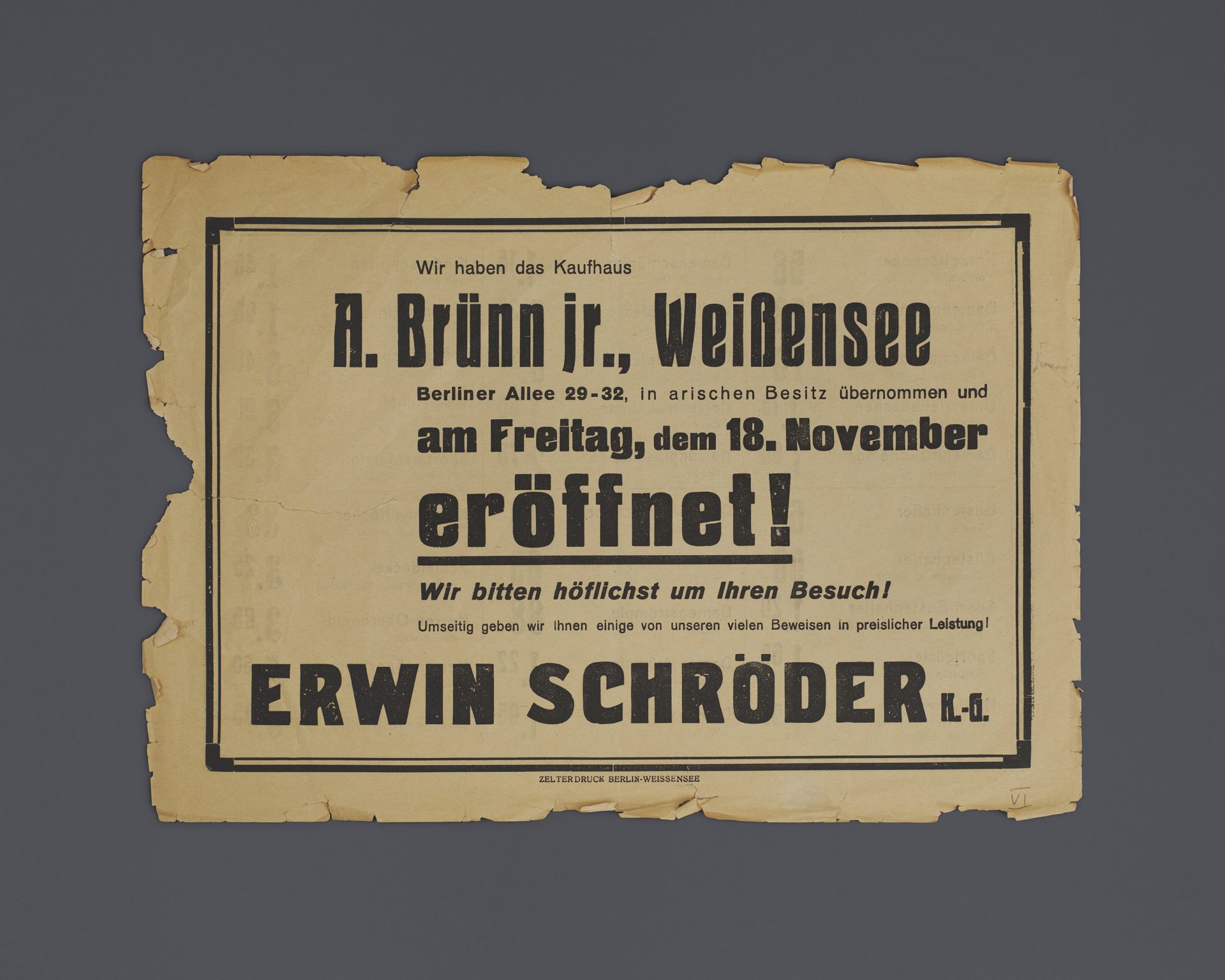 Reklam för att Brünns varuhus "ariserats".