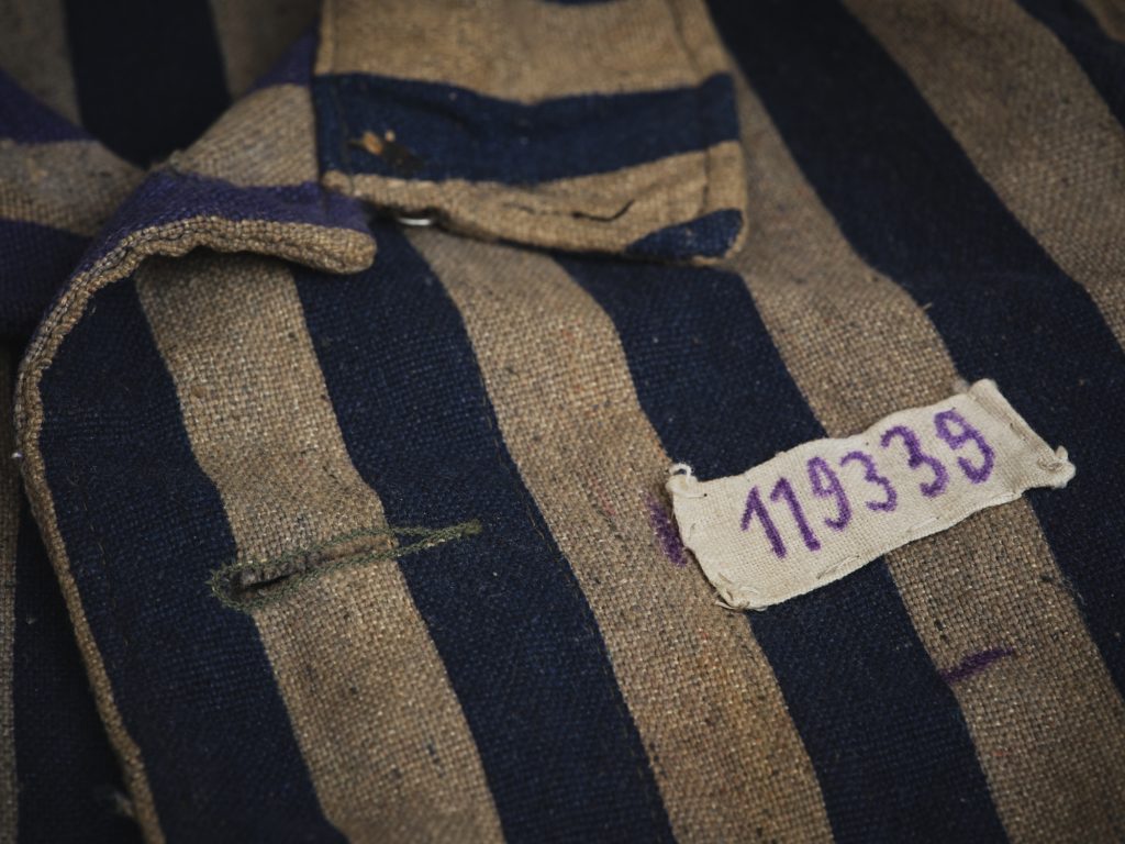 Detail of striped prisoner jacket, collar and prisoner number.