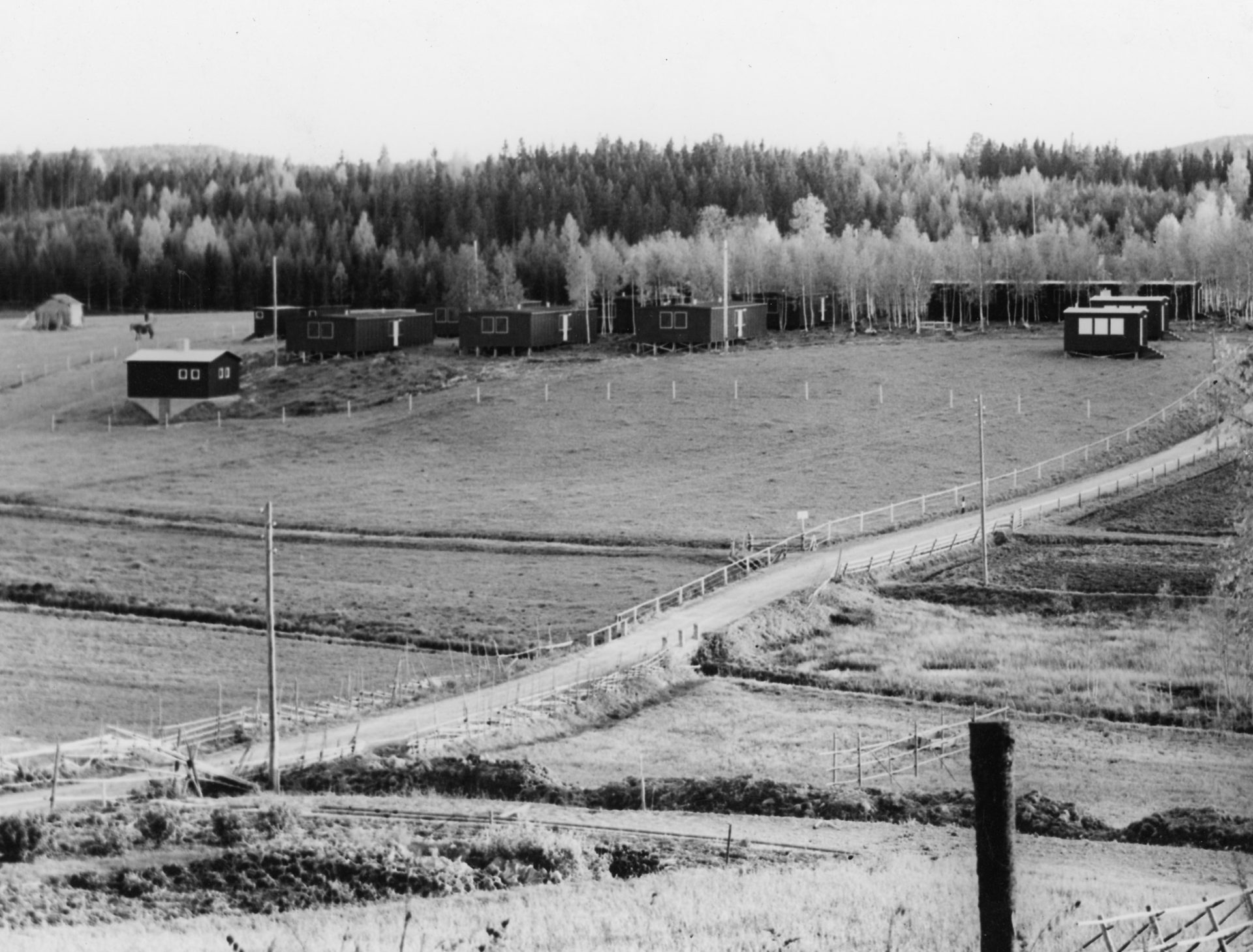 Interneringsläger i Hälsingland, på bilden syns hus vid ett skogsparti och i förgrunden åkrar.