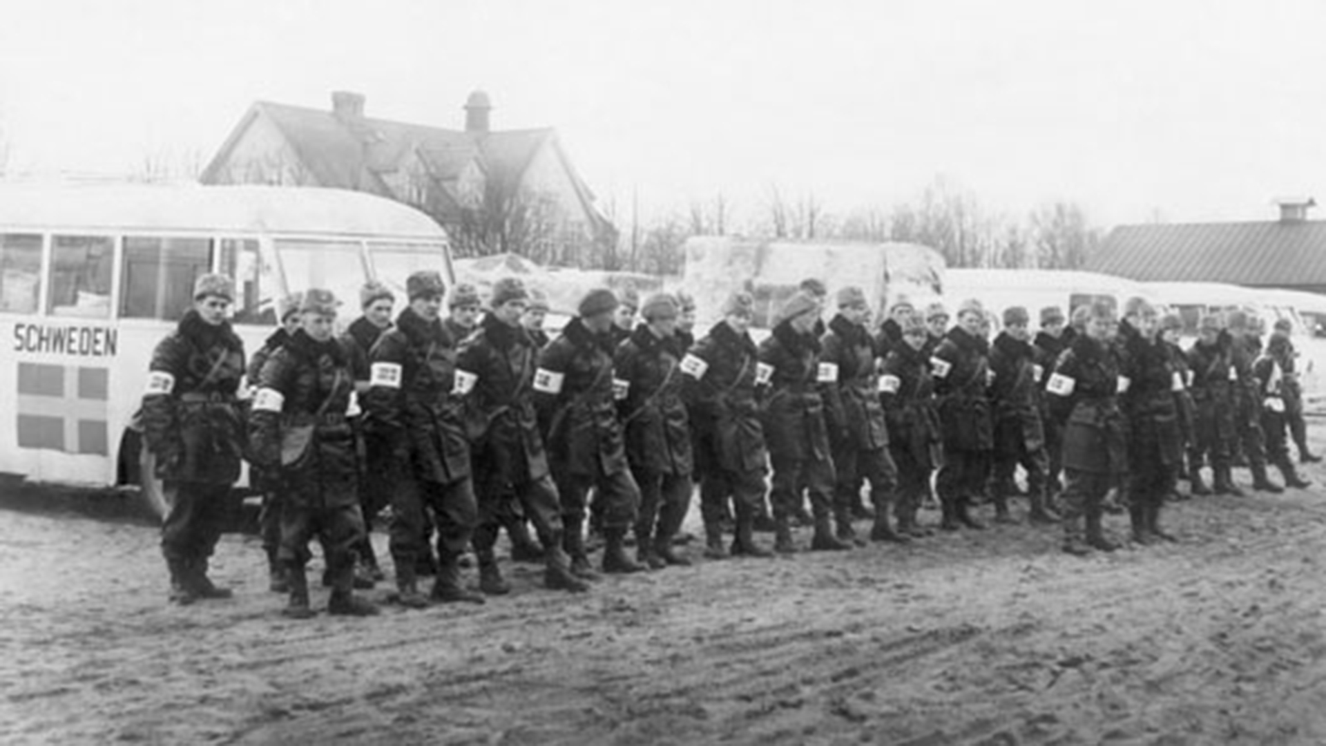 Svenska Röda Korsets personal framför sina bussar.