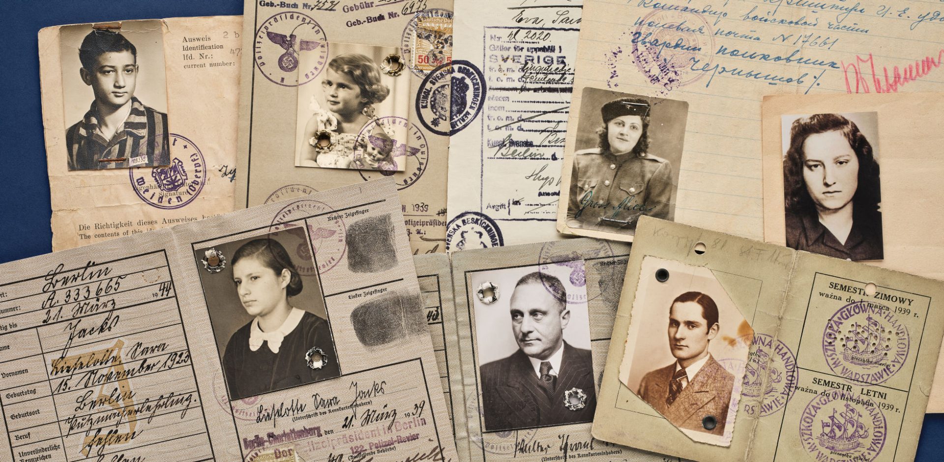 Identification documents belonging to Kiwa, Eva, Alice, Hanna, Lieselotte, Walter and Czesław.