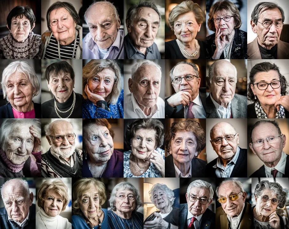 Kollage av porträtt på 29 överlevande som medverkade i projektet och utställningen Speaking Memories - Förintelsens sista vittnen.