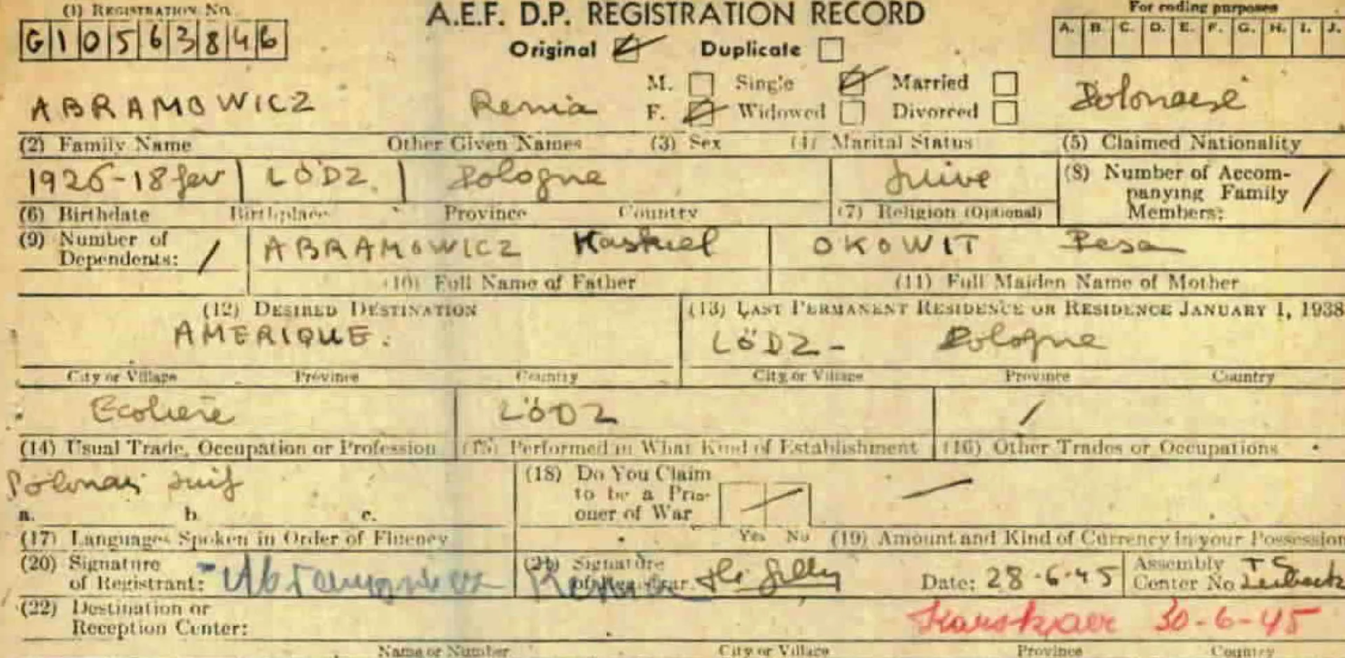 Postwar Registration Card