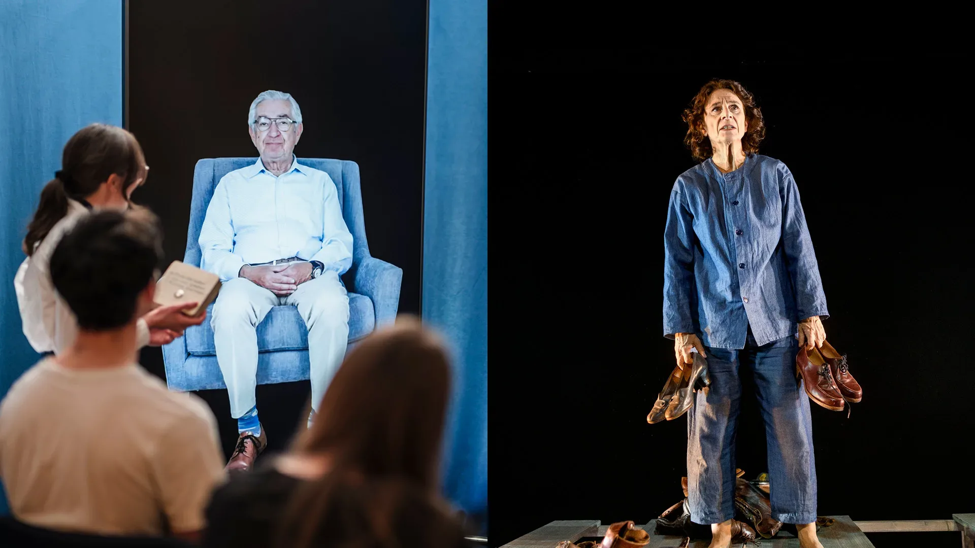 Montage på bild för Dimensions in Testimony samt bild från teaterföreställningen Hitta hem.