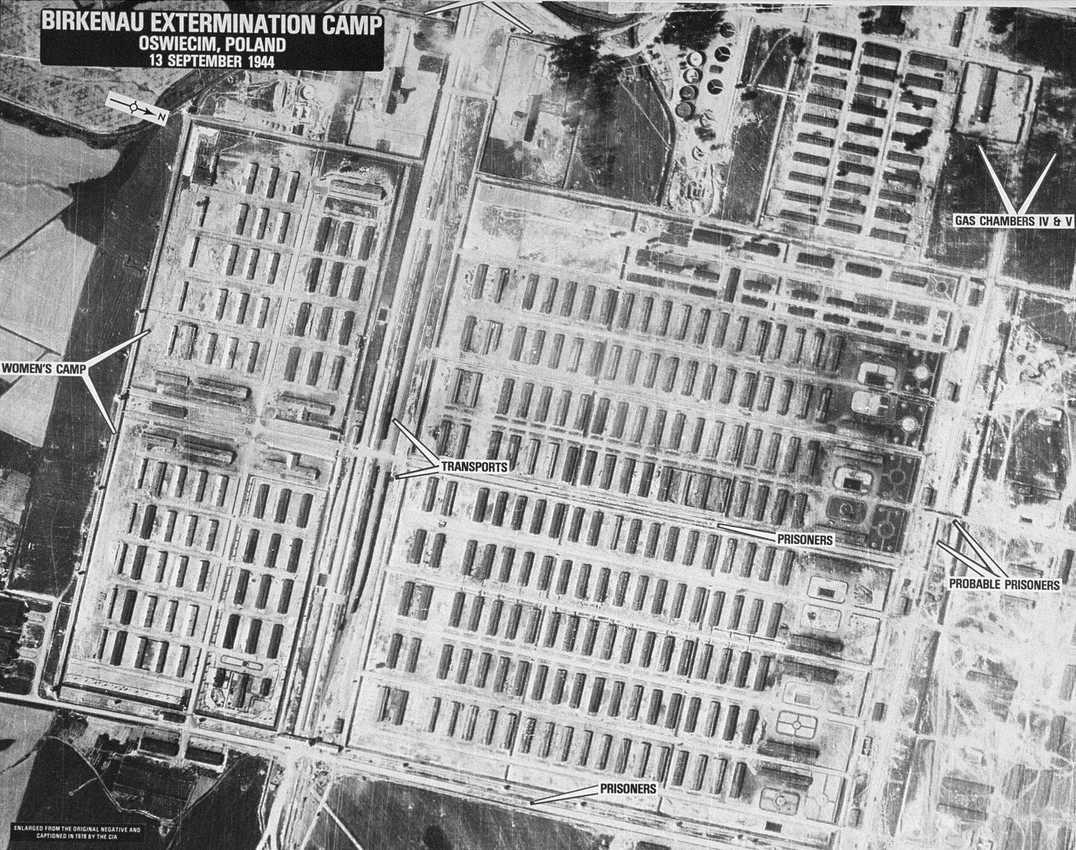 An aerial reconnaissance photograph of the Auschwitz concentration camp showing the Auschwitz II (Birkenau) camp