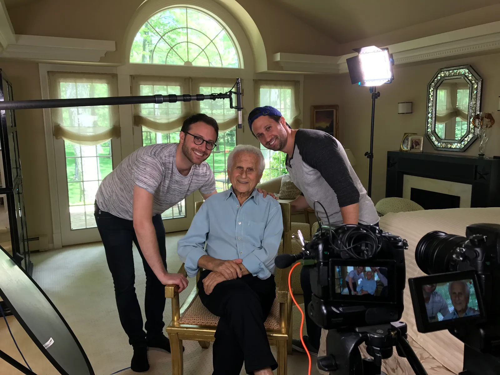 My grandfather, Alex Utway (producer + grandson) and I on set