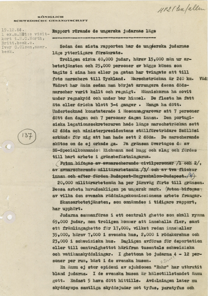 Raoul Wallenbers sista rapport från Budapest, sida 1.