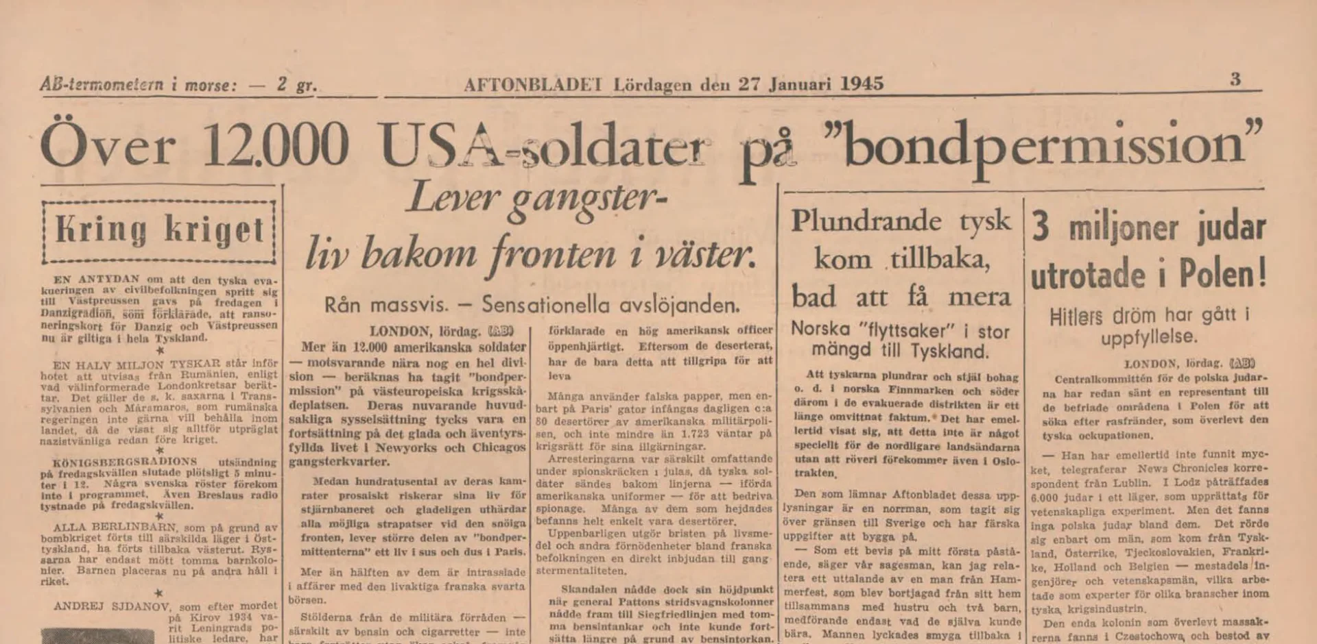 Tidningssida där en rubrik lyder "3 miljoner judar utrotade i Polen!".