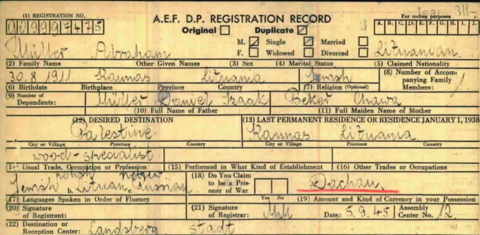 Postwar Registration Card.