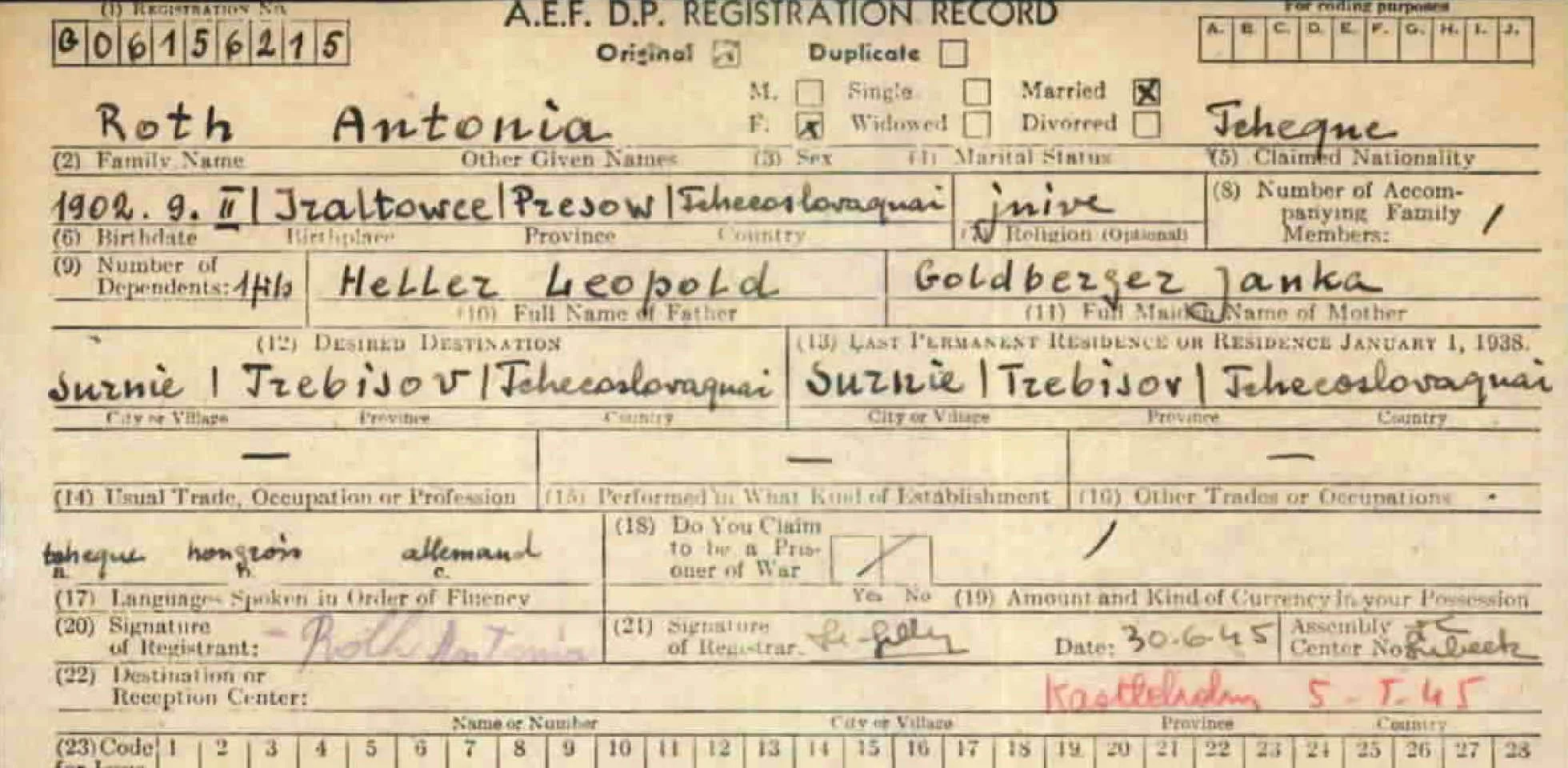 Postwar Registration Card.