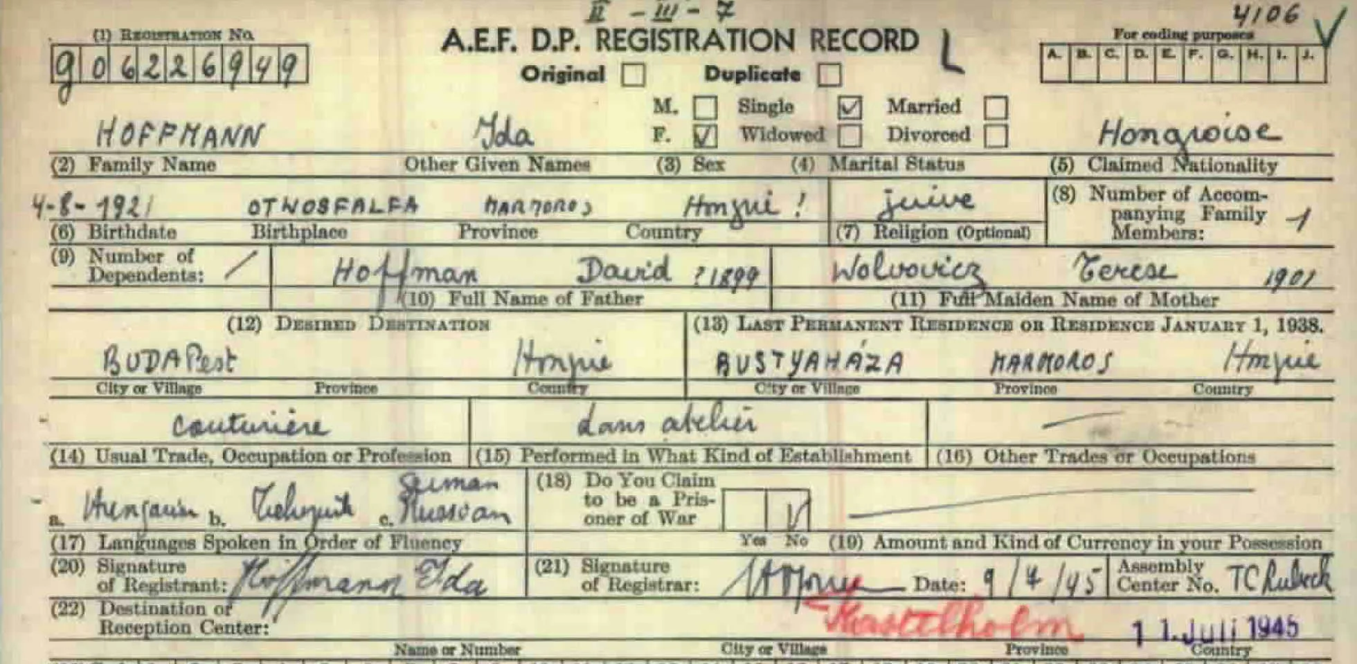 Postwar Registration Card.