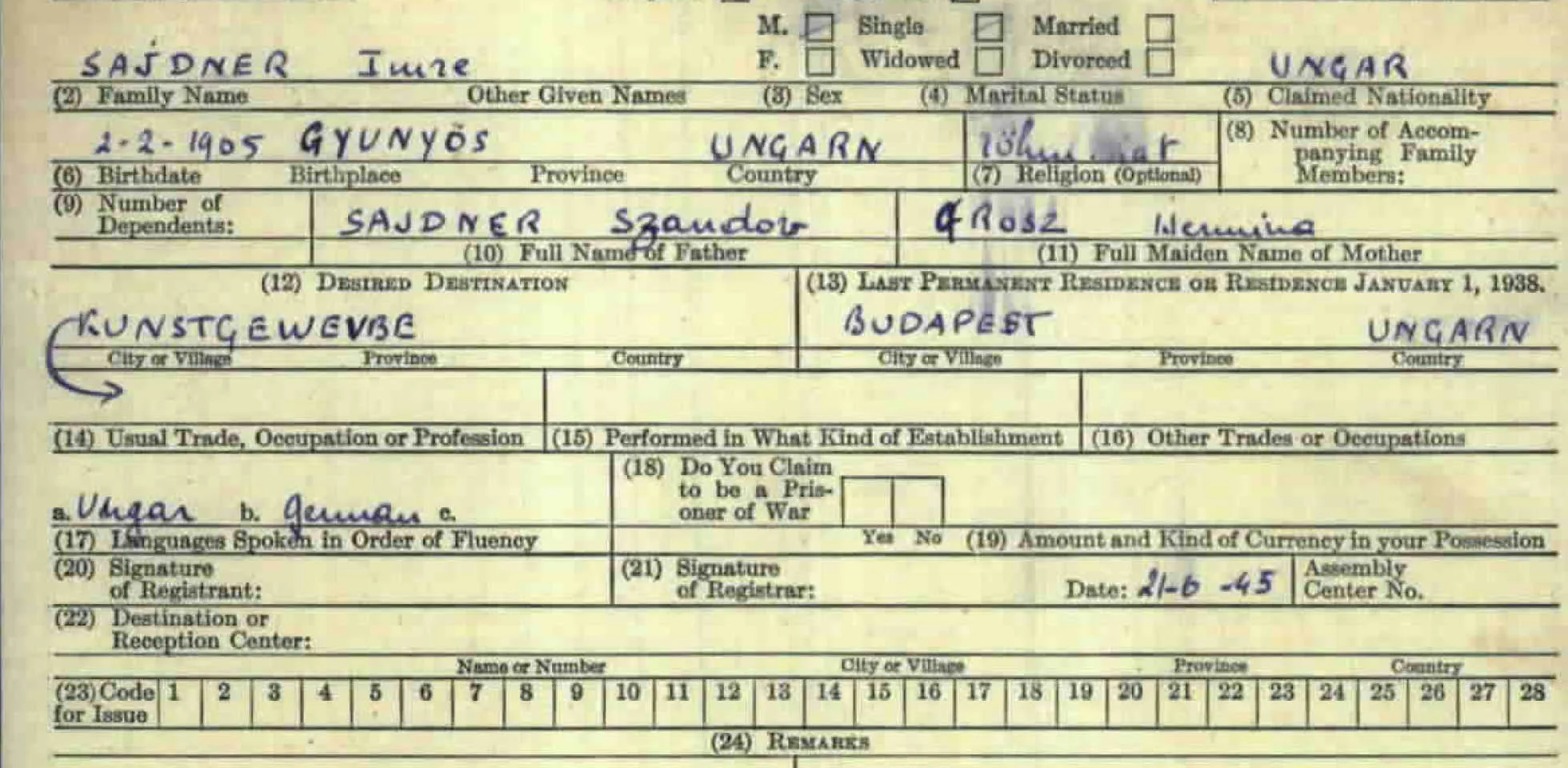 Postwar Registration Card.