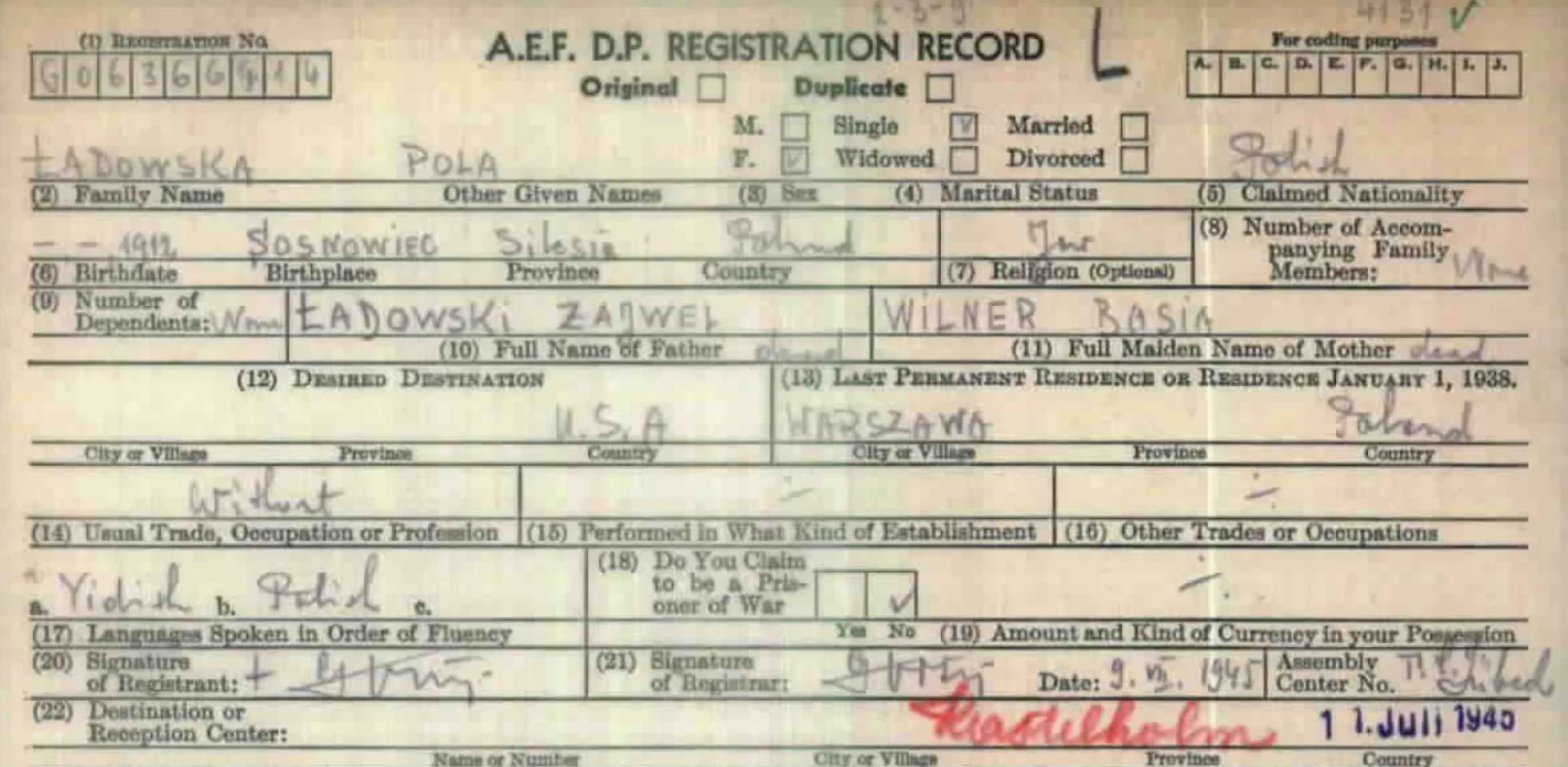 Postwar Registration Card.