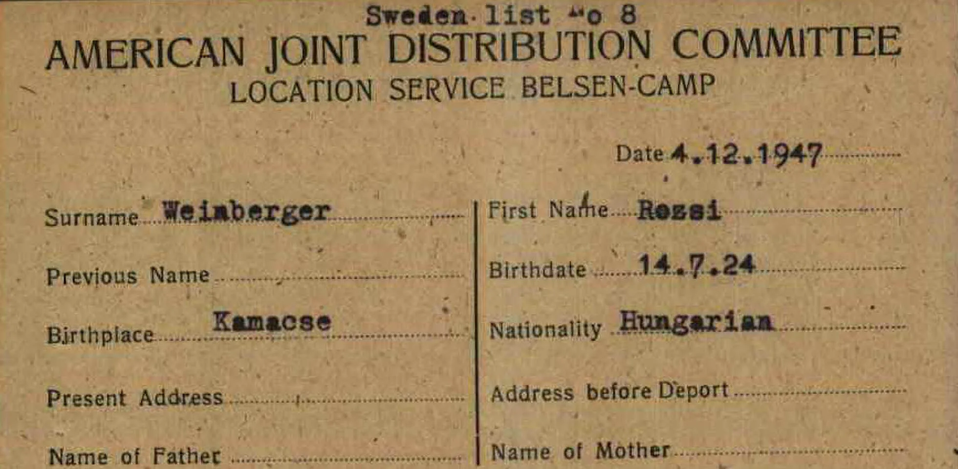 Registerkort från American Joint Distribution Committee.