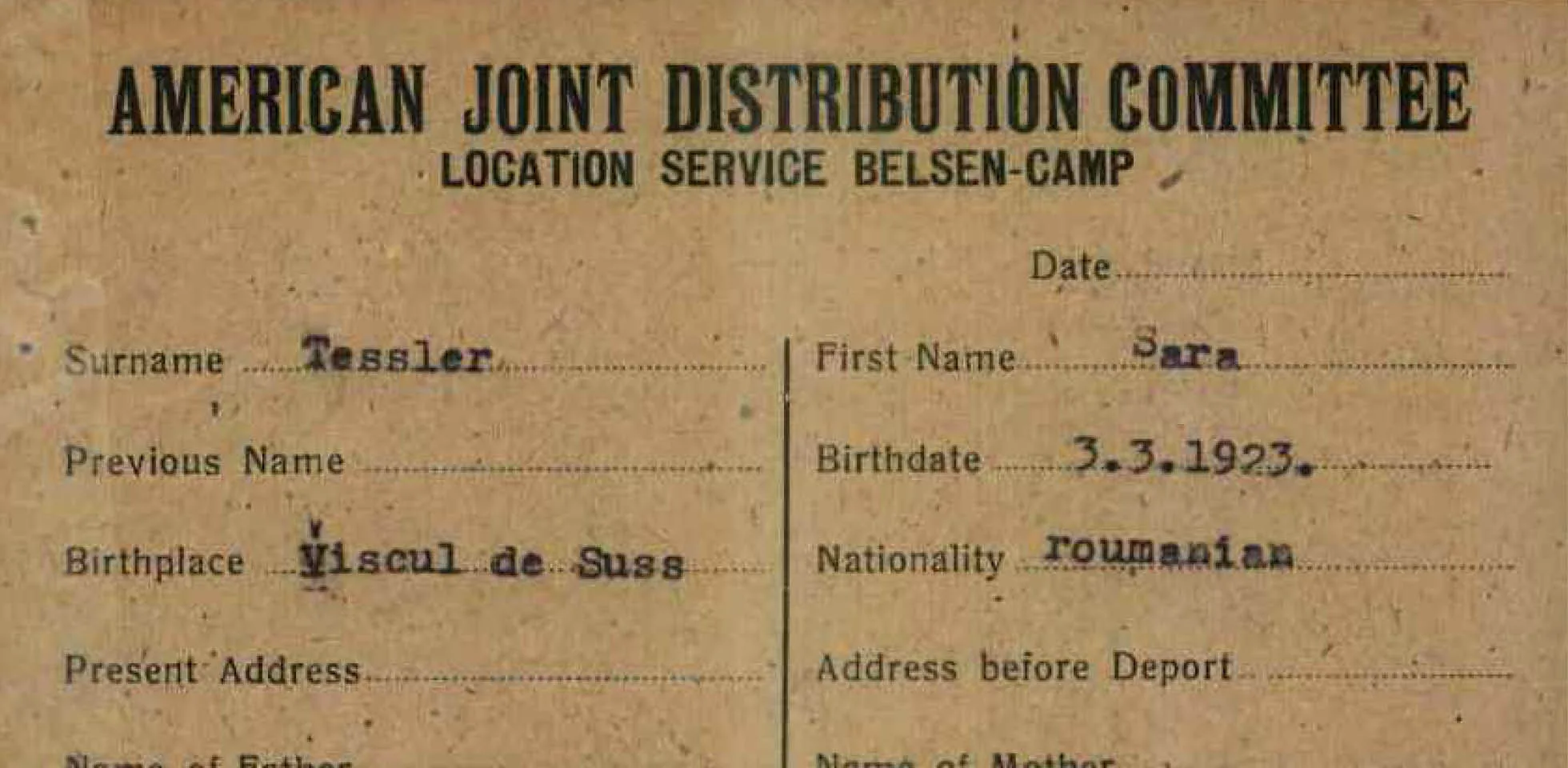 Registerkort från American Joint Distribution Committee.