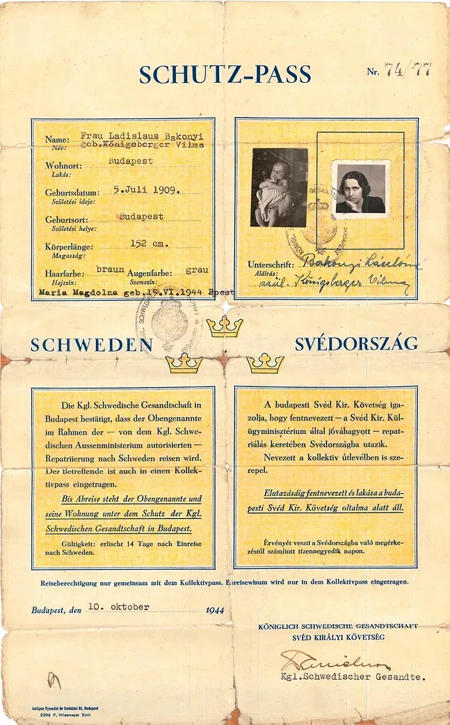 Skyddspass utfärdat för Vilma Bakonyi (född. Königsberger) och är undertecknat av Raoul Wallenberg.