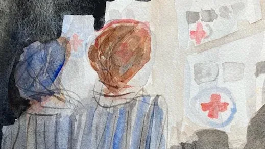 Akvarellmålning som visar två personer sedda bakifrån. Till höger syns vita bussar med röda kors.