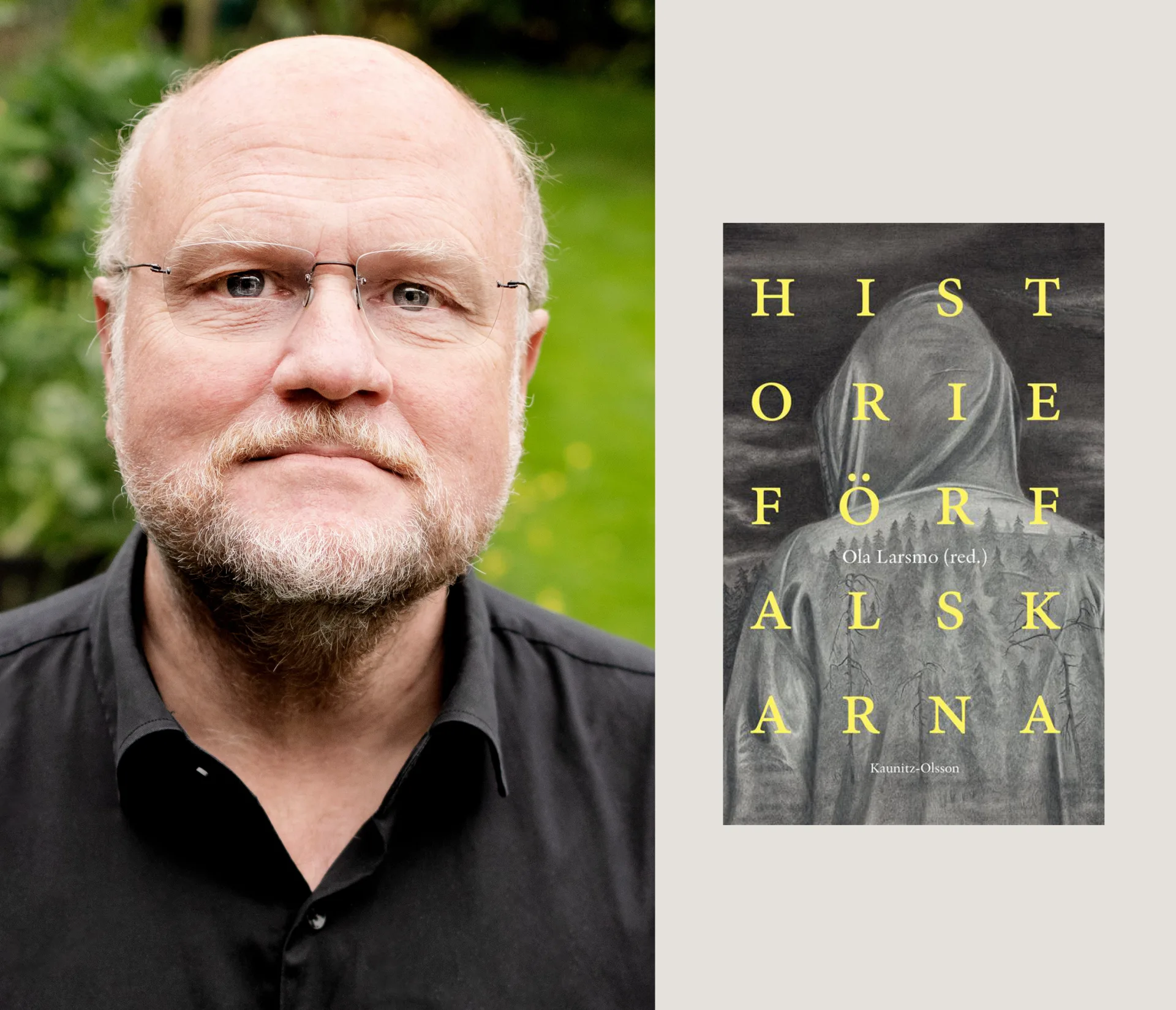Porträtt av Ola Larsmo och framsidan till boken Historieförfalskarna.