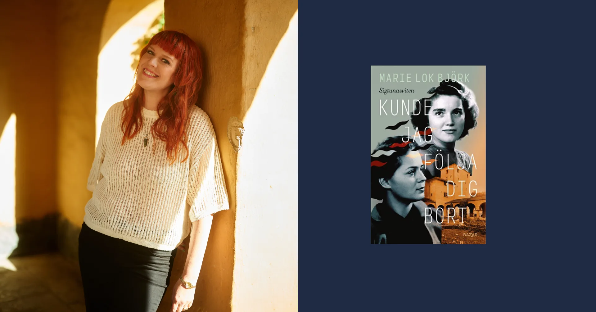 Porträtt på Marie Lok Björk och omslag till en bok.